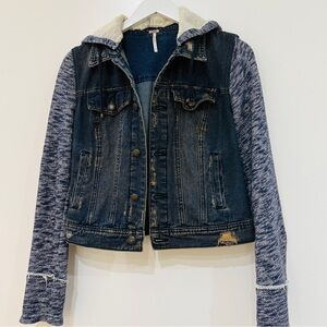 Free People Distressed Blue + Copper Denim & Knit Distressed Jacket Womens Small